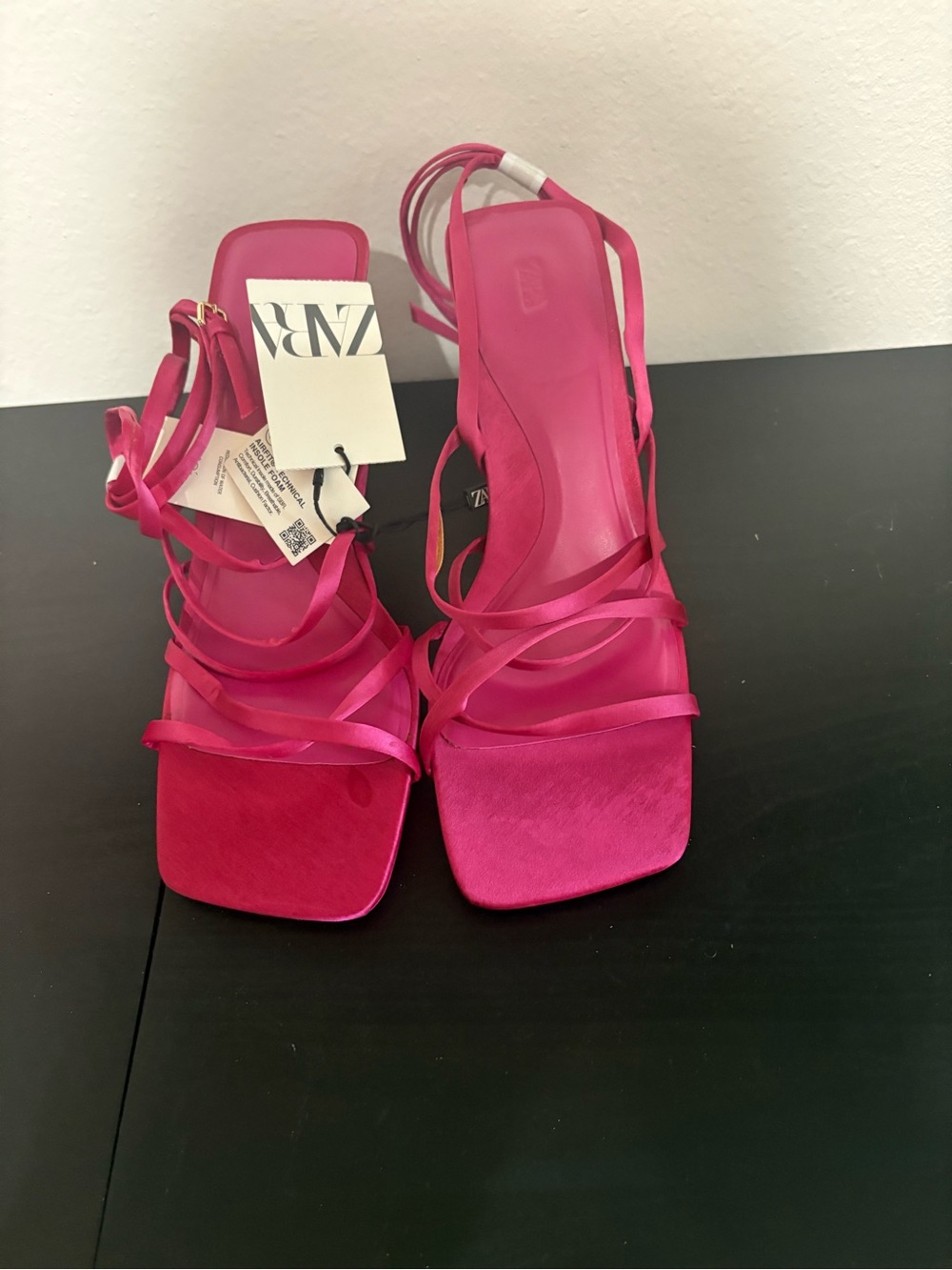 Zara Hot Pink Strappy Satin Heeled Sandals